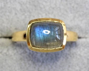 Labradorite Ring Handmade in 925 Sterling Silver with 14K Gold Vermeil, Blue Flash Engagement Ring