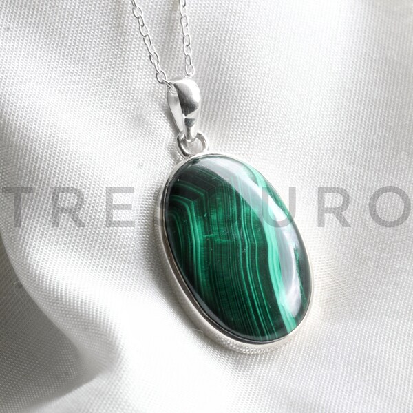 Rare malachite necklace, sterling silver solid 925, oval natural gemstone handmade spiritual healing jewelry, birthday gifts, chunky silver