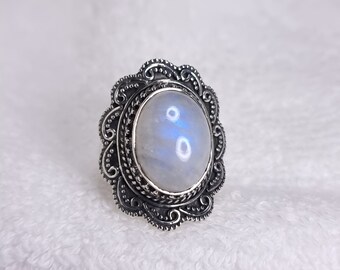 Natural Rainbow Moonstone Ring, Oxidized 925 Sterling Silver, Handmade