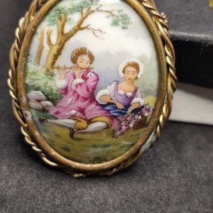 Vintage Limoges France Porcelain Brooch – Romantic Couple Scene, Rococo Style
