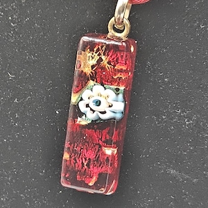 Murano Glass Pendant Necklace – Red Millefiori Floral Bar, Gold Foil, Signed