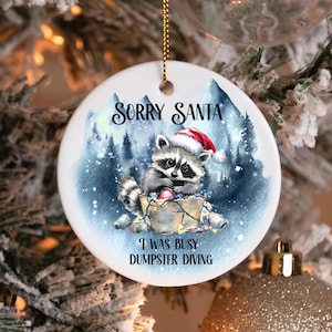 Raccoon Christmas Ornament , Ceramic Ornament, Sorry Santa, I Was Busy Dumpster Diving, Gift for Friend Family Gift