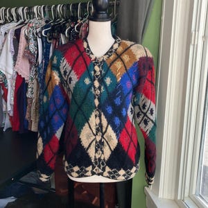 Women&#39;s Susan Bristol Cardigan Sweater Jacket /lined handi knit L Multi-color