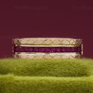 Ruby Eternity Band Gold Wedding Ring, Channel Set Red Gemstone Stackable Ring, Vintage Textured Band Anniversary Gift