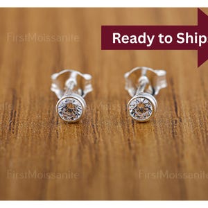 3mm Solid Gold Solitaire Diamond Bezel Set Moissanite Stud Earring Minimalist Earrings Push Back Earrings Anniversary Gift For Her