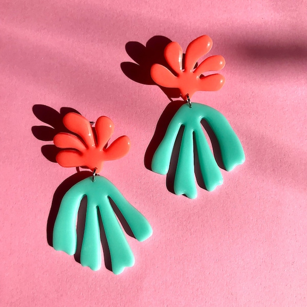 Matisse Statement-Ohrringe in Mint - Orange, Hot Pink - Karibikblau, Gelb - Flieder, von Matisse inspirierte Polymer Clay Ohrringe