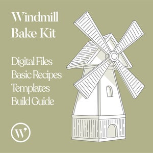 May include: A digital download bake kit for a windmill-shaped cake. The kit includes digital files, basic recipes, templates, and a build guide. The image shows a line drawing of a windmill.