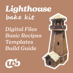 May include: A brown gingerbread lighthouse structure with a small attached building, featuring white icing details. The text reads: Lighthouse bake kit, Digital Files, Basic Recipes, Templates, Build Guide, and a logo with the letters wb.