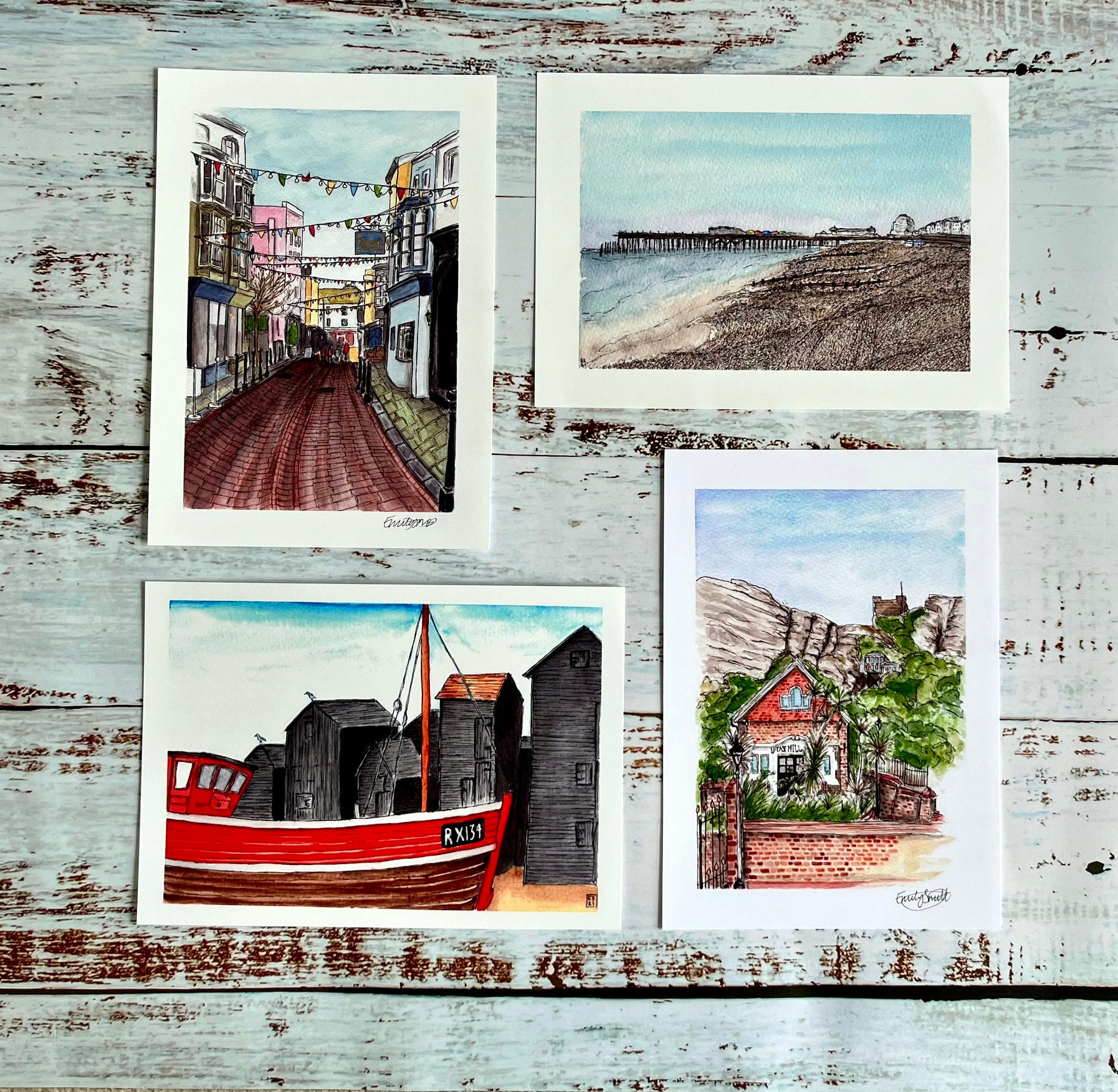 Hastings, East Sussex Local Art pack of 4, Hastings Pier, Old Town, Watercolour Art Prints, A5 Wall Art, England, East Sussex, UK