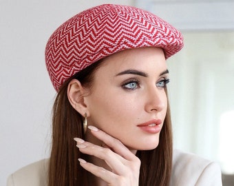 Women's cap with jacquard zig zag pattern color scheme white with red, women's stylish cotton caps, summer cap, molded knitwear