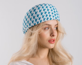 Summer women's cap with a print in the form of a pied-de-poule in blue colors | cotton cap | summer cap | Made in Israel.