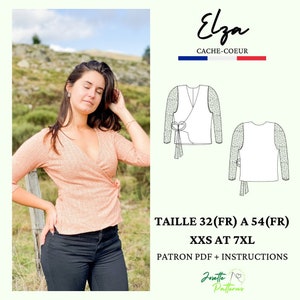 Pode incluir: Um padrão de costura digital para uma blusa de nó chamada "Elza Cache-Coeur". O padrão inclui instruções e está disponível nos tamanhos XXS a 7XL. O padrão é para uma blusa de manga comprida e decote em V.