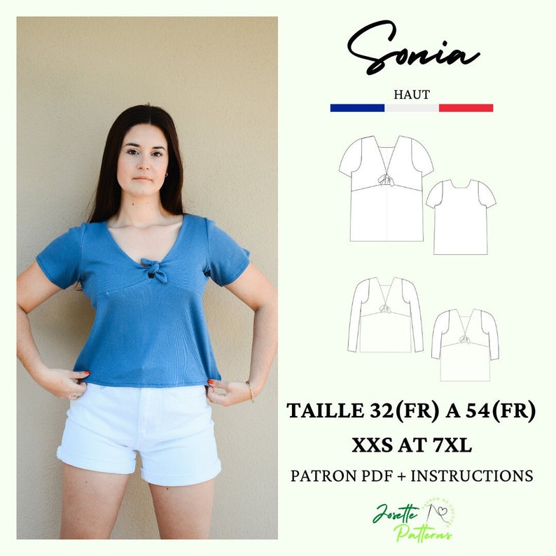 Puede incluir: Un patr&oacute;n de costura digital para una blusa de mujer llamada "Sonia" con un detalle de nudo en el escote. El patr&oacute;n est&aacute; disponible en las tallas 32 a 54 (talla francesa) o XXS a 7XL. El patr&oacute;n incluye instrucciones y est&aacute; disponible para descargar en PDF.