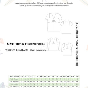 Puede incluir: Un patr&oacute;n de costura para una blusa llamada "Sonia" con instrucciones para las tallas 32 a 54. El patr&oacute;n incluye una tabla con las medidas de busto, cintura y caderas en cent&iacute;metros. El patr&oacute;n es para principiantes.