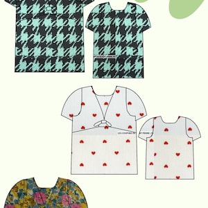 Puede incluir: Cuatro dise&ntilde;os diferentes para una camisa de manga corta con cuello en V. Los dos primeros dise&ntilde;os son un patr&oacute;n de pata de gallo negro y turquesa. Los dos dise&ntilde;os siguientes son blancos con corazones rojos. Los dos &uacute;ltimos dise&ntilde;os son un patr&oacute;n floral con flores rosas, amarillas y verdes.