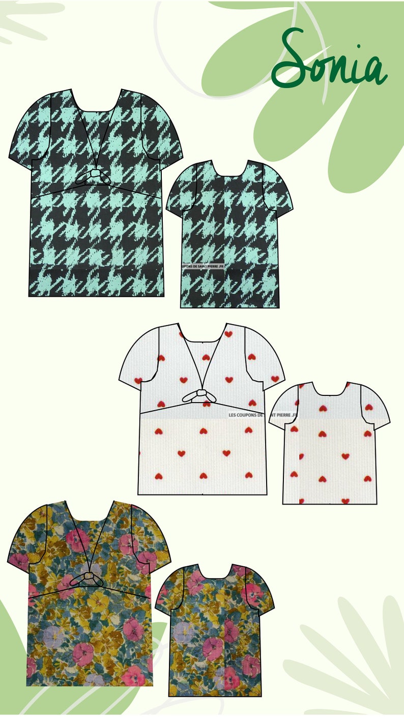 Puede incluir: Cuatro dise&ntilde;os diferentes para una camisa de manga corta con cuello en V. Los dos primeros dise&ntilde;os son un patr&oacute;n de pata de gallo negro y turquesa. Los dos dise&ntilde;os siguientes son blancos con corazones rojos. Los dos &uacute;ltimos dise&ntilde;os son un patr&oacute;n floral con flores rosas, amarillas y verdes.