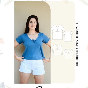 Puede incluir: Un patr&oacute;n de costura para una blusa llamada "Sonia" con un detalle de nudo en el escote. El patr&oacute;n es para principiantes e incluye instrucciones para hacer la blusa con mangas cortas y largas. El patr&oacute;n est&aacute; disponible en franc&eacute;s.