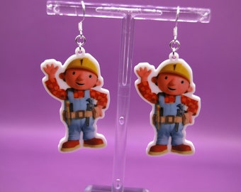 Bob The Builder Acrylic Earrings, Handmade, Orange, Kids, Nostalgic, Novelty, 2000s