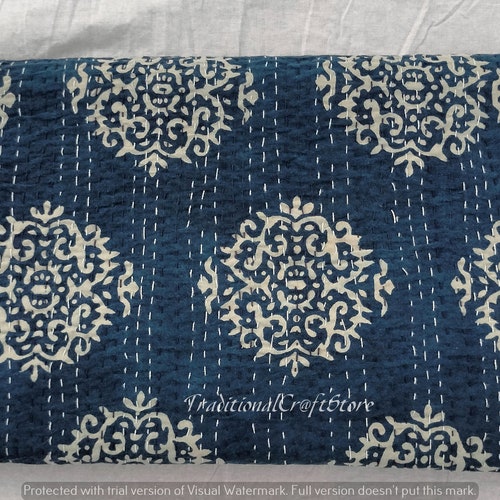 Blue Indigo order Print Quilting Kantha Original Handmade Indian Floral Quilt Kantha Blanket Kantha Throw Block Print Kantha Handstitched Quilt