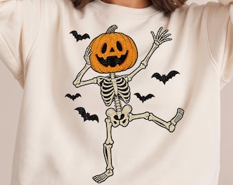 Dancing Pumpkin Skeleton PNG, Retro Halloween Shirt Design, Vintage Spooky Season PNG, Trick Or Treat Sublimation, Cute Pumpkin Head Clipart