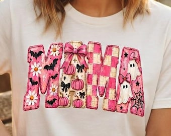 Halloween Mama PNG, Spooky Season Digital Download, Neutral Ghost Shirt, Edgy Mom Bat Design, Trendy Fall Checkered