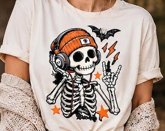 Cool Skeleton PNG, Orange Beanie Skeleton Sublimation Design, Rock On Skeleton Shirt Graphic, Halloween Music PNG Digital Download