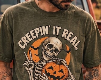 Funny Skeleton Halloween PNG, Creepin' It Real Shirt Design, Vintage Pumpkin Spooky Season Sublimation Download