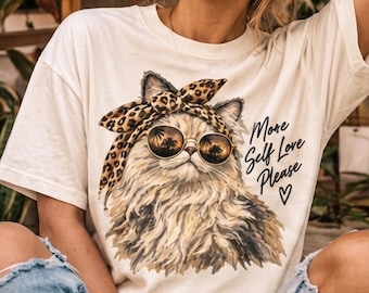 More Self Love Please PNG, Cool Cat Sunglasses Shirt Design, Leopard Headband Cat PNG, Retro Self Care Graphic, Sublimation Digital