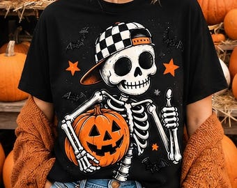 Cool Skeleton Pumpkin PNG, Retro Checkered Skeleton Sublimation Design, Halloween Boy Shirt Graphic, Spooky Season Digital Download