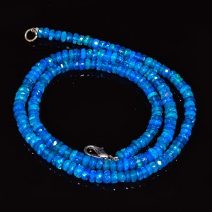 Immaculate Top Grade Quality 100% Natural Welo Fire Neon Blue Ethiopian Opal Rondelle Shape Faceted Necklace 18" Beads 4X4 5X5mm 54 Cts.