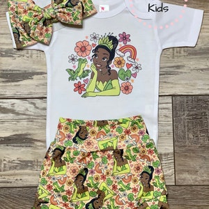 Tiana Princess and the Frog Baby or Toddler Set / Baby Bummies Biker Shorts / Tiana Outfit