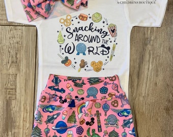 Snacking Around the World Epcot Baby or Toddler Set / Baby Bummies Biker Shorts / Magic Outfit