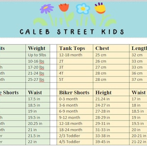 Pode incluir: Um gr&aacute;fico com informa&ccedil;&otilde;es de tamanho e peso para roupas de beb&ecirc;. O gr&aacute;fico inclui tamanhos para bodies, tops sem mangas, shorts bummie e shorts de ciclista. O gr&aacute;fico est&aacute; sobre um fundo azul claro com um design de flores na parte superior.