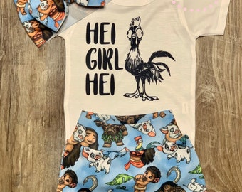 Hei Girl Hei Moana Baby or Toddler Girl Outfit Set / Baby Bummies / Biker Shorts / Moana Outfit