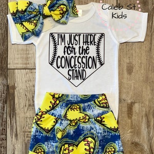 Girls Softball Outfit Here for the Consessions Baby or Toddler Girl Outfit Set / Baby Bummies / Biker Shorts / Outfit