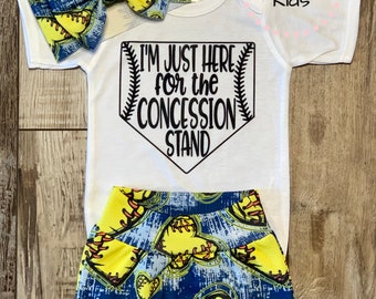 Girls Softball Outfit Here for the Consessions Baby or Toddler Girl Outfit Set / Baby Bummies / Biker Shorts / Outfit