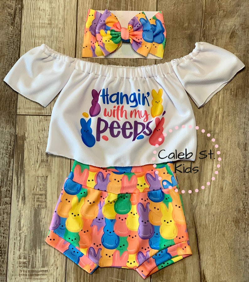 Hanging With My Peeps Easter Off-Shoulder Tube Top / Baby Easter Outfit / Toddler Easter Outfit / Tee Romper Full Set w/ Wrap Bow