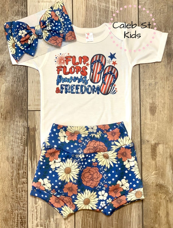Flip Flops and Freedom / Baby and Toddler Complete Set Outfit / Bummies / Baby Biker Shorts / July 4th outfit