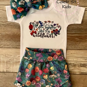 Do You Suppose She's A Wildflower / Alice in Wonderland / Baby and Toddler Complete Set Outfit / Baby Bummie Shorts / Baby Biker Shorts