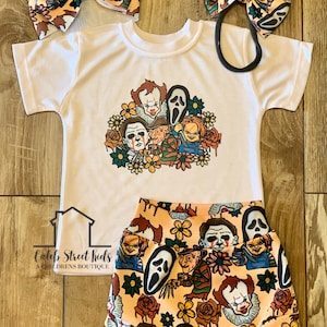 Horror Characters Baby Halloween Outfit Baby or Toddler Set / Baby Bummies Biker Shorts / Magic Outfit