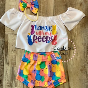 Hanging With My Peeps Easter Off-Shoulder Tube Top / Baby Easter Outfit / Toddler Easter Outfit / Tee Romper Full Set w/ Nylon Bo