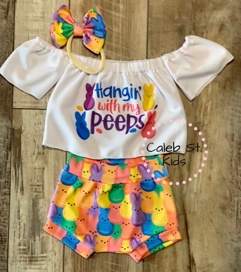 Hanging With My Peeps Easter Off-Shoulder Tube Top / Baby Easter Outfit / Toddler Easter Outfit / Tee Romper Full Set w/ Nylon Bo