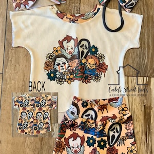 Horror Characters Complete Baby or Toddler Set / Baby Bummies / Biker Shorts / Cap Sleeve Baby Outfit / Scary Movie Baby