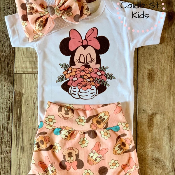 Minnie Flower Basket Baby or Toddler Set / Baby Bummies Biker Shorts / Magic Kingdom Outfit