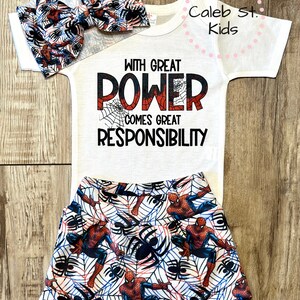 With Great Power Spiderman Baby or Toddler Set / Baby Bummies Biker Shorts / Spiderman Baby Outfit