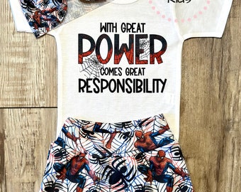 With Great Power Spiderman Baby or Toddler Set / Baby Bummies Biker Shorts / Spiderman Baby Outfit