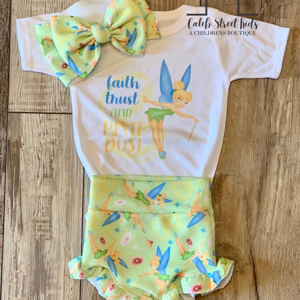 Pixie Dust Tinkerbell Best Day Ever Baby and Toddler Complete Set Outfit / Ruffled Bummies / Baby Biker Shorts