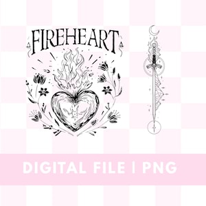 Può includere: Un grafico digitale in bianco e nero con il testo FIREHEART sopra un cuore in fiamme circondato da elementi floreali. A destra si trova un'illustrazione verticale di una spada con una luna crescente, forme di montagne e stelle.