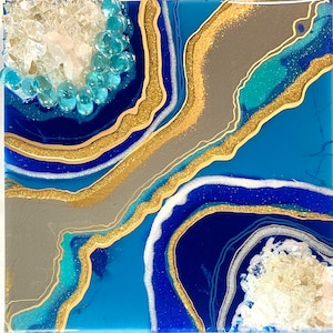 Turquoise Blue Geode - Blue turquoise and gold abstract Geode 3D-Crystal Resin Art Home Decor Wall Decor 14”x14”