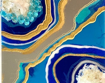 Turquoise Blue Geode - Blue turquoise and gold abstract Geode 3D-Crystal Resin Art Home Decor Wall Decor 14”x14”